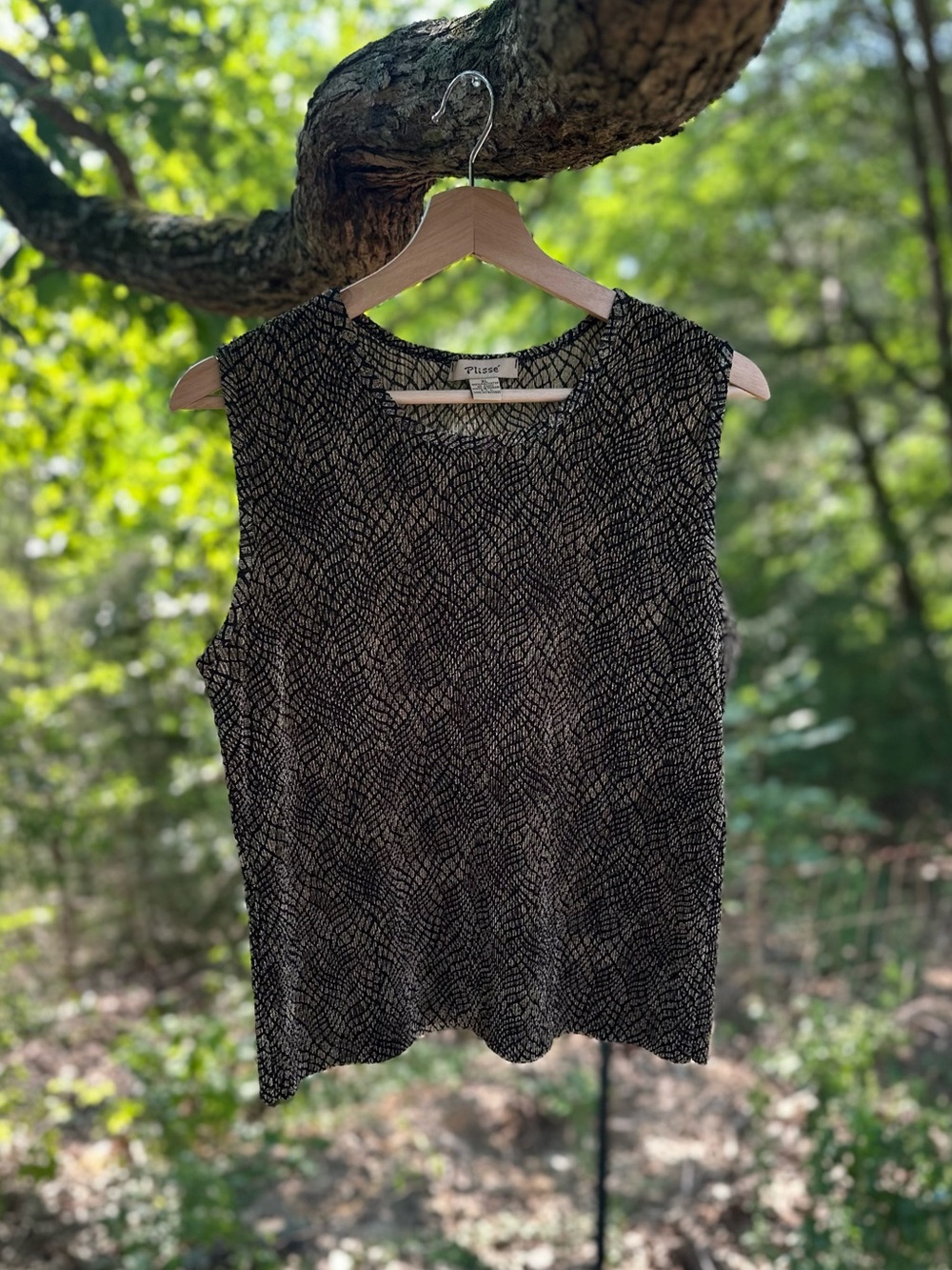 Vintage 90s Plissé Black & Tan Textured Print Tank Top Size XL